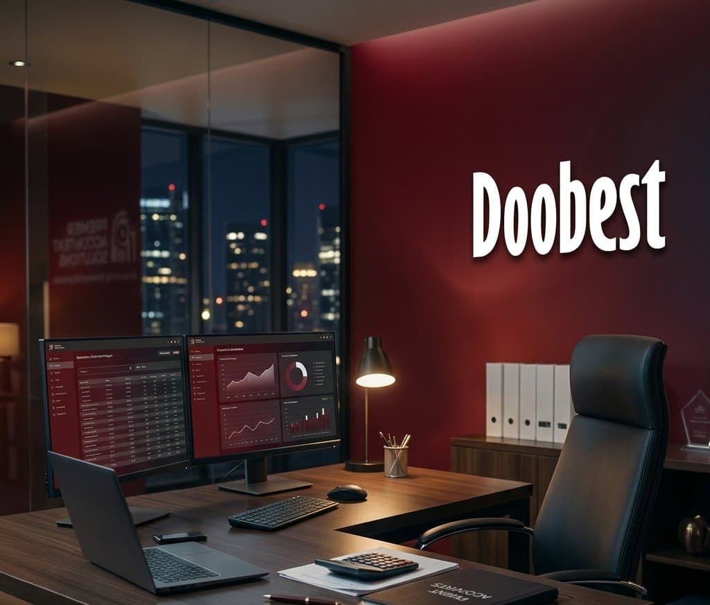 Doobest branded office desk at night with city skyline view