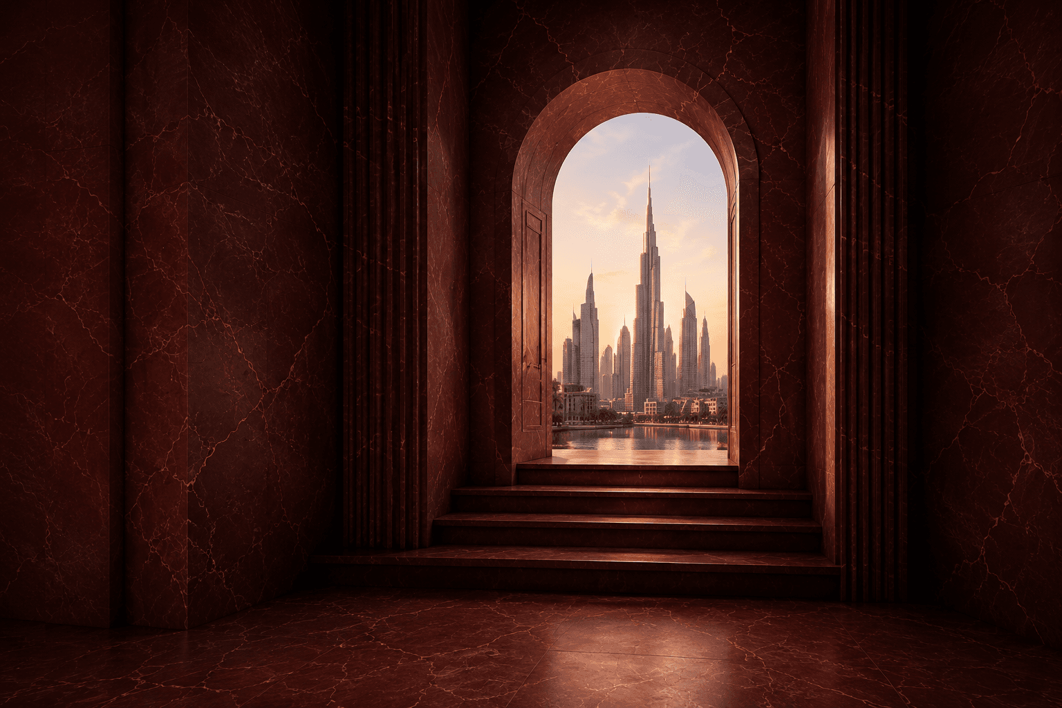 Marble archway opening onto a sunset Dubai skyline