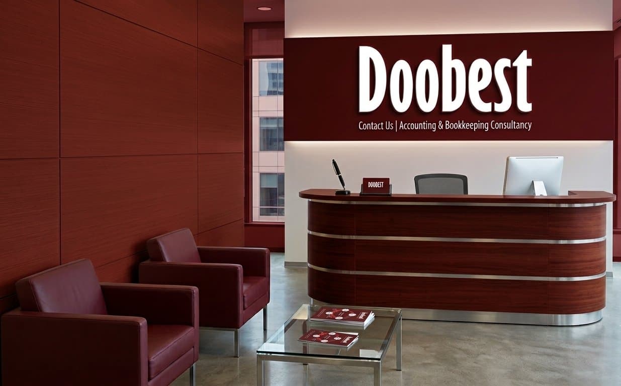 Doobest reception area with branded wall signage and seating