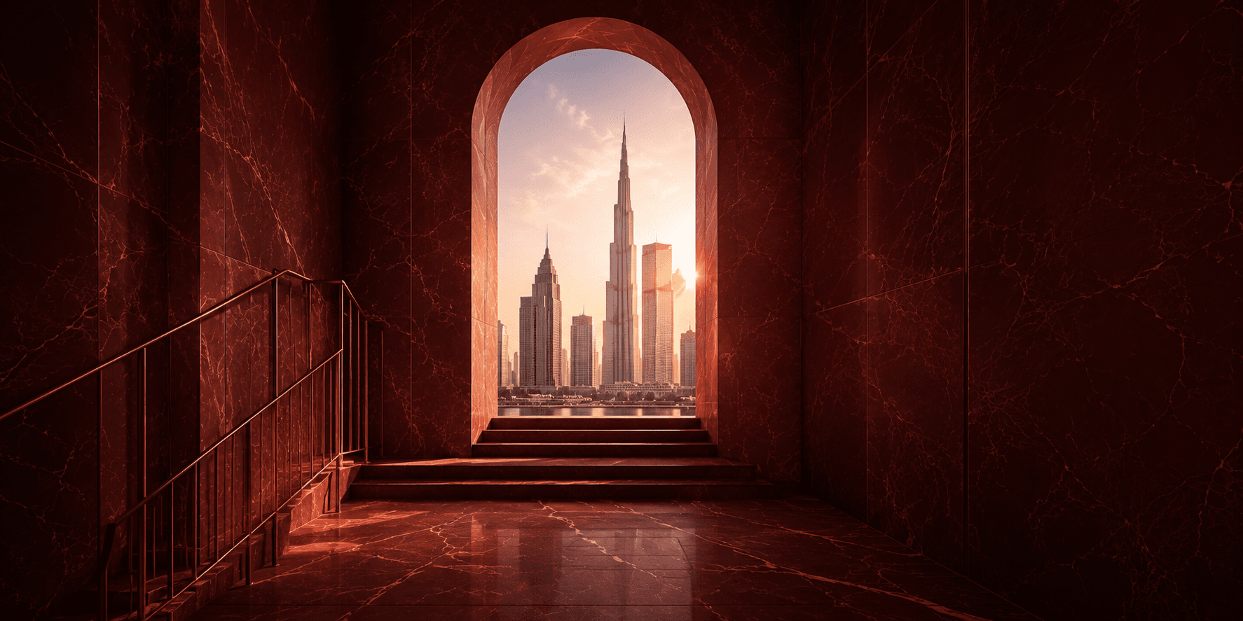 Marble archway with staircase opening onto a sunset Dubai skyline