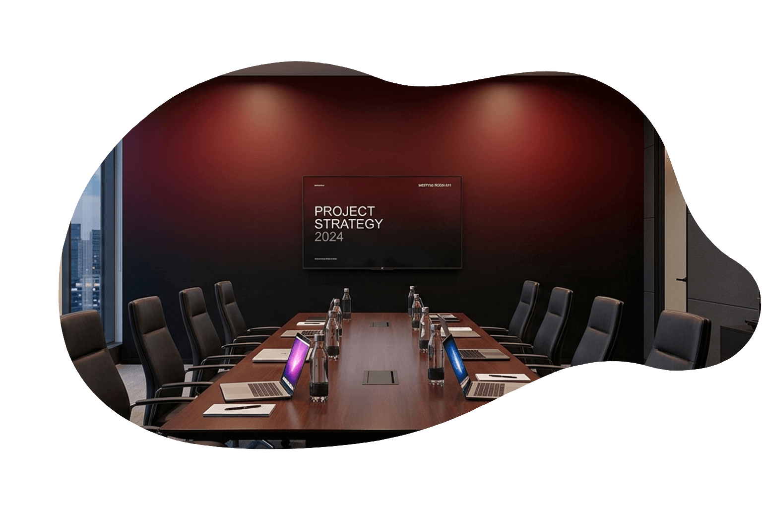 Doobest executive boardroom with skyline view, in an organic blob-shaped frame